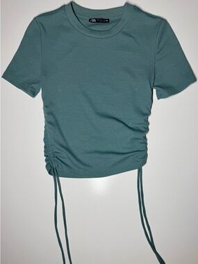 Zara Teal Blue Ribbed Ruched Side Drawstring Crop Top‎ Women’s Small
